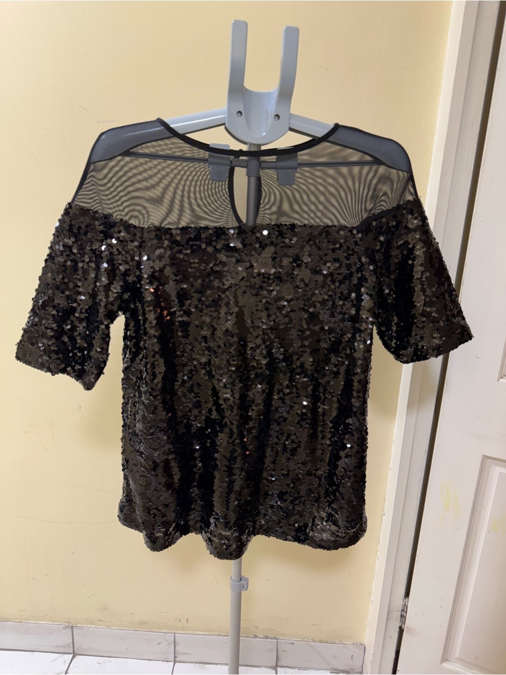 Roaman's Black Sequin Short-Sleeve Mesh Yoke Top
